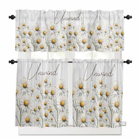 Daisy Kitchen Curtains and Valances Set, Watercolor Flowers Vintage Wood Grain Rod Pocket Window Valance 18 Inch Window Curtain Panels for Living Room Bedroom Laundry, 27.5x24in, 3 Pieces