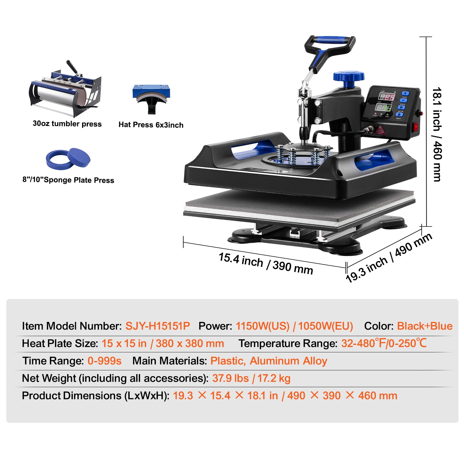 KFFKFF Heat Application Device, 15 x 15 inch, Quintuple Function Heat Transfer Equipment with 30 oz Tumbler Application, 360° Rotating Digital Shirt Application, Teflon Layer, for Shirts/Mugs/Caps