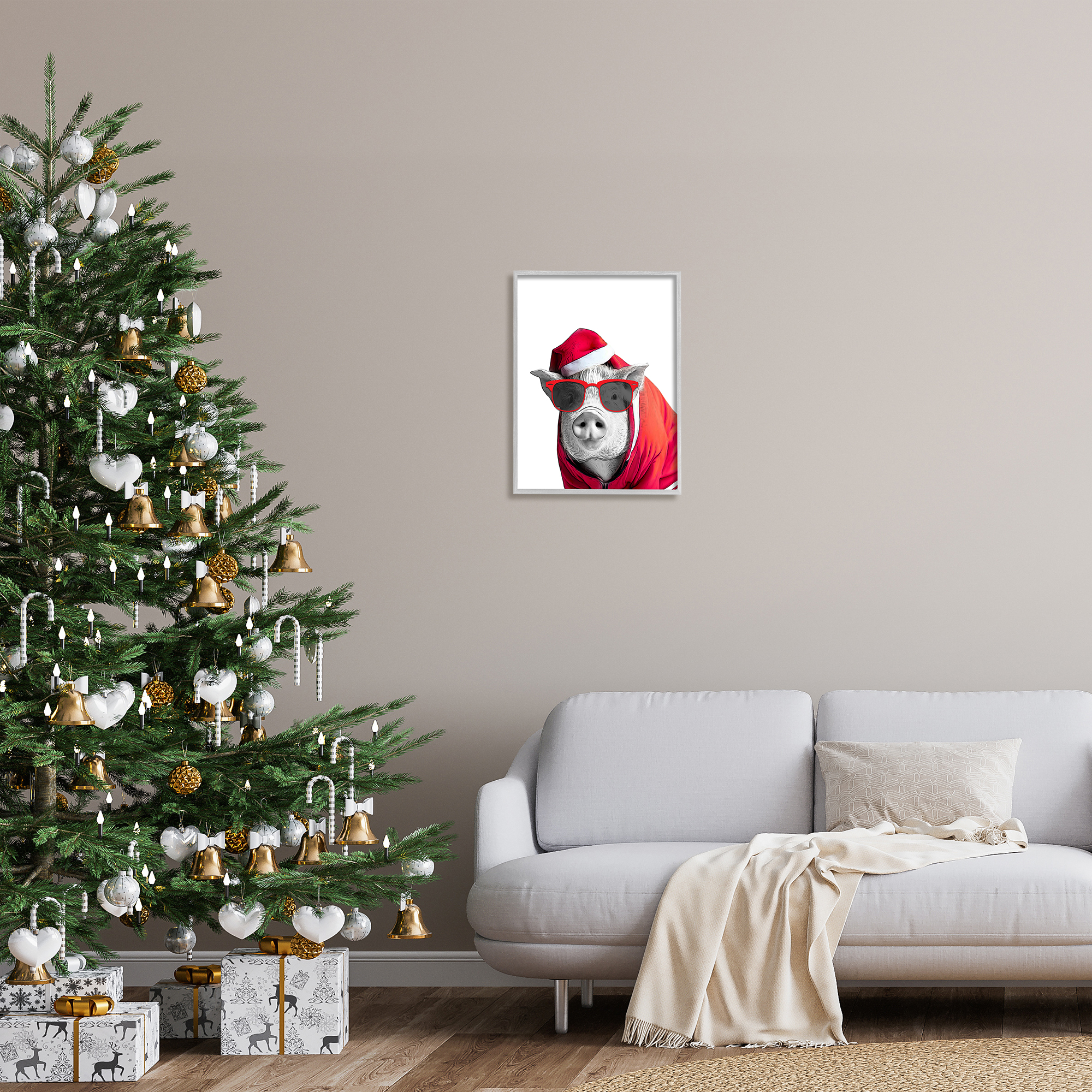 Stupell Industries Pig in Holiday Clothes Holiday Painting Gray Framed Art Print Wall Art, 16 x 20