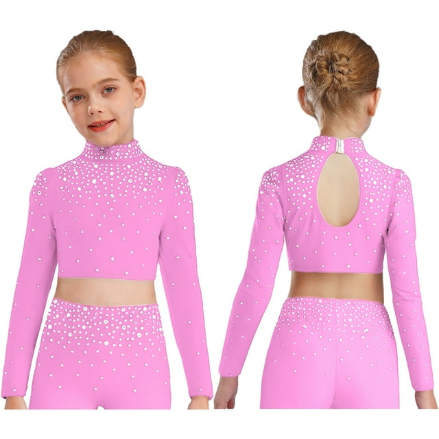 Doomiva Kids Girls Sparkly Tank Vest Shiny Rhinestone Lyrical Performance Costume Jazz Ballet Dance Crop Tops Pink 6