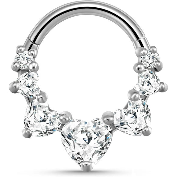 shiyou-16G Heart CZ Septum Ring Surgical Steel Daith Earring, Silver Septum Jewelry for Septum Piercing, Septum Clicker Daith Piercing Jewelry 16 Gauge 8mm, 16G-8mm, Stainless Steel, cubic zirconia