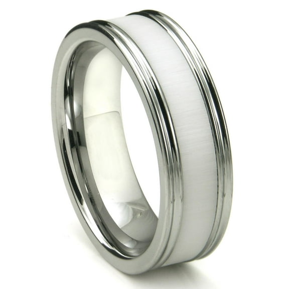 Titanium Kay Tungsten Carbide White Ceramic Inlay Wedding Band Ring with Horizontal Satin Finish Sz 10.0