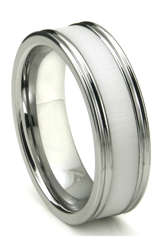 Tungsten Carbide White Ceramic Inlay Wedding Band Ring with Horizontal Satin Finish Sz 11.0