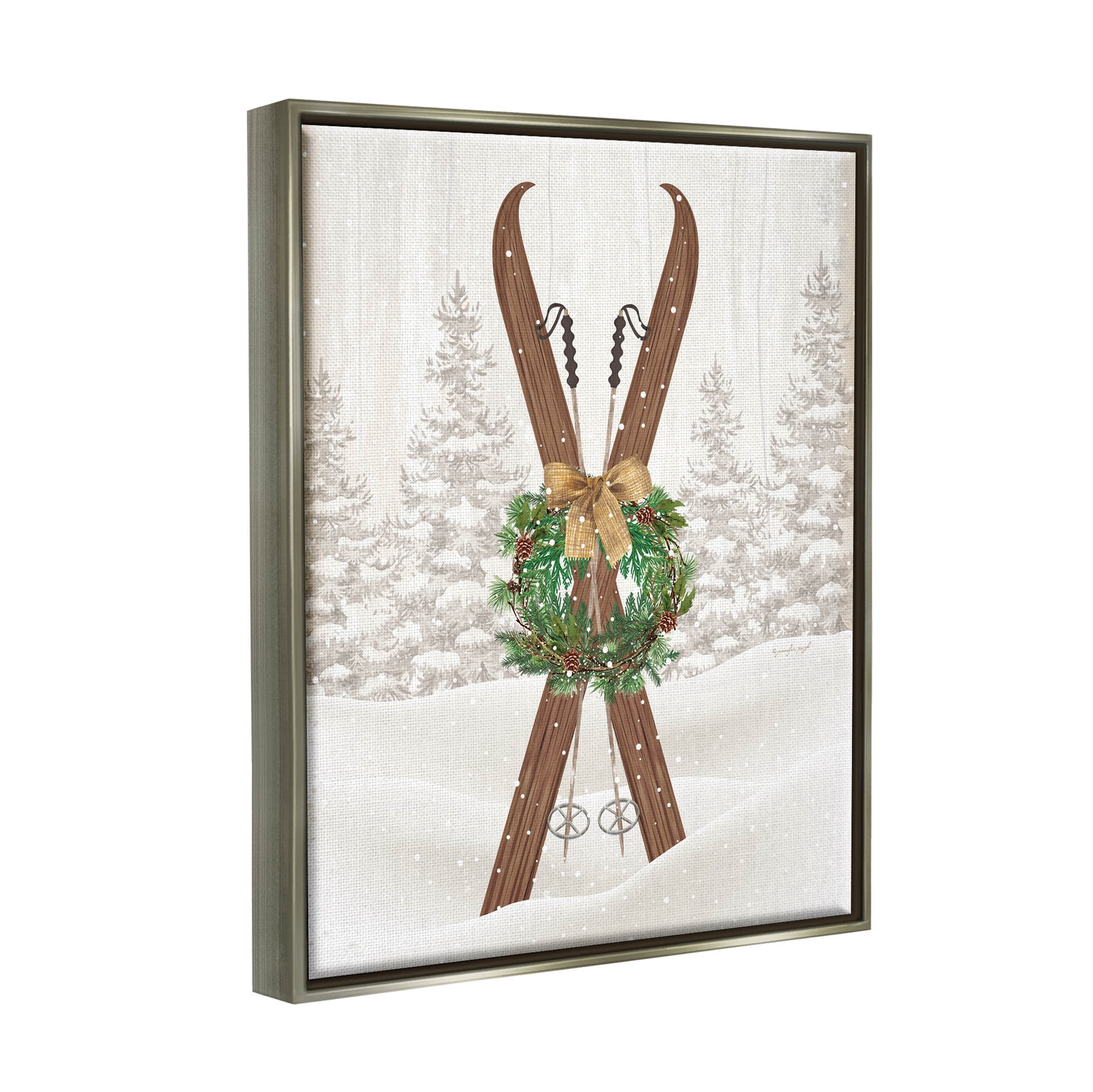 Stupell Industries Winter Skis Holiday Wreath Graphic Art Luster Gray Floating Framed Canvas Print Wall Art, Design by Jennifer Pugh