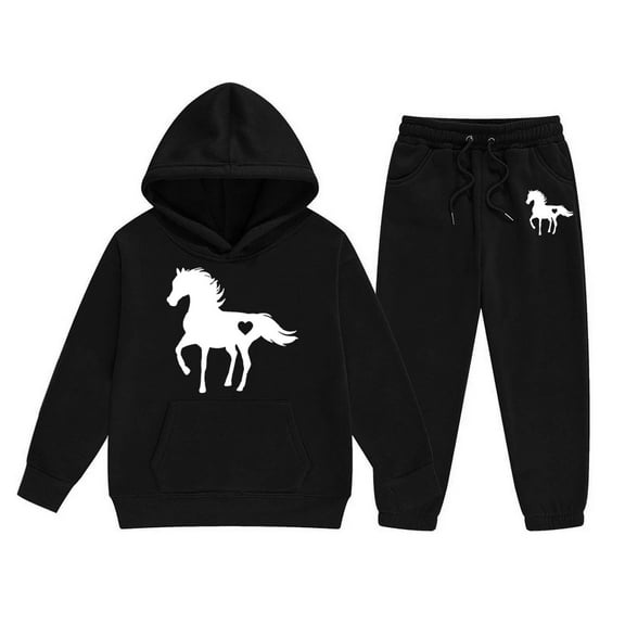Ulitacool Winter Toddler Girl Outfits Long Sleeve Solid Color Horse Print Pullover Hoodie Pants Two Piece Sweatsuit Elegant Wear Black 2-3 Years