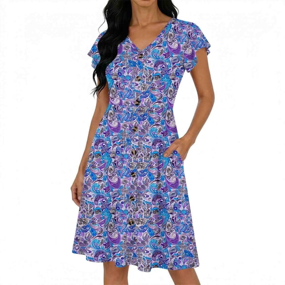 LNWUY Summer Dresses for Women 2026 Casual Loose Cap Sleeve Sundress Swing Button Down Floral Dress Beach Vacation Travel Outfit Purple S