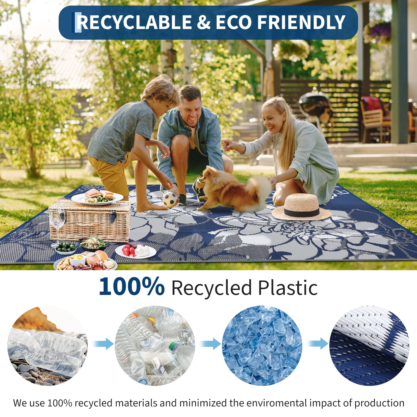GlowSol 9'x18' Outdoor Rug Plastic Straw Rug Modern Floral Reversible Camping Mat Waterproof Foldable Rug for Camping Patio RV Balcony, Dark Blue/White