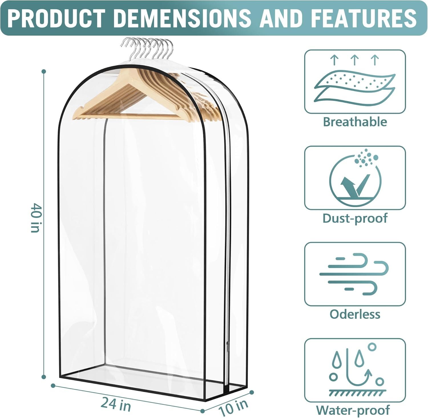 Garment Bags for Hanging Clothes, 4PCS 40" Transparent Waterproof Dustproof Storage for Closet Cloth Cover Washable Clear Reusable Garment Bags Covers for Coats, Dresses, Jackets