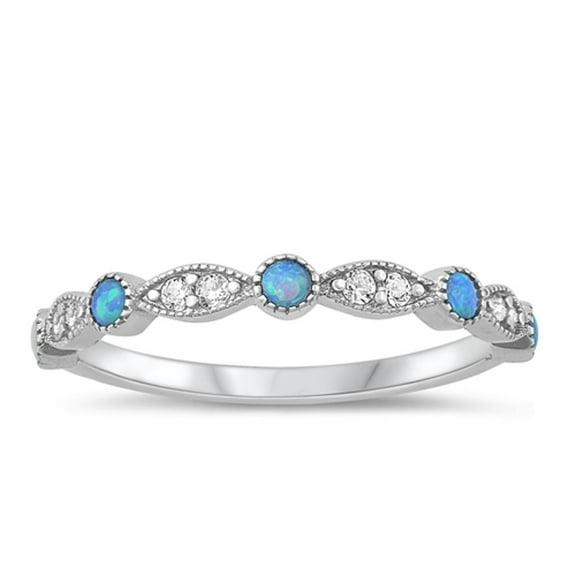 CHOOSE YOUR COLOR White CZ Blue Simulated Opal Promise Ring .925 Sterling Silver Band Female Size 5