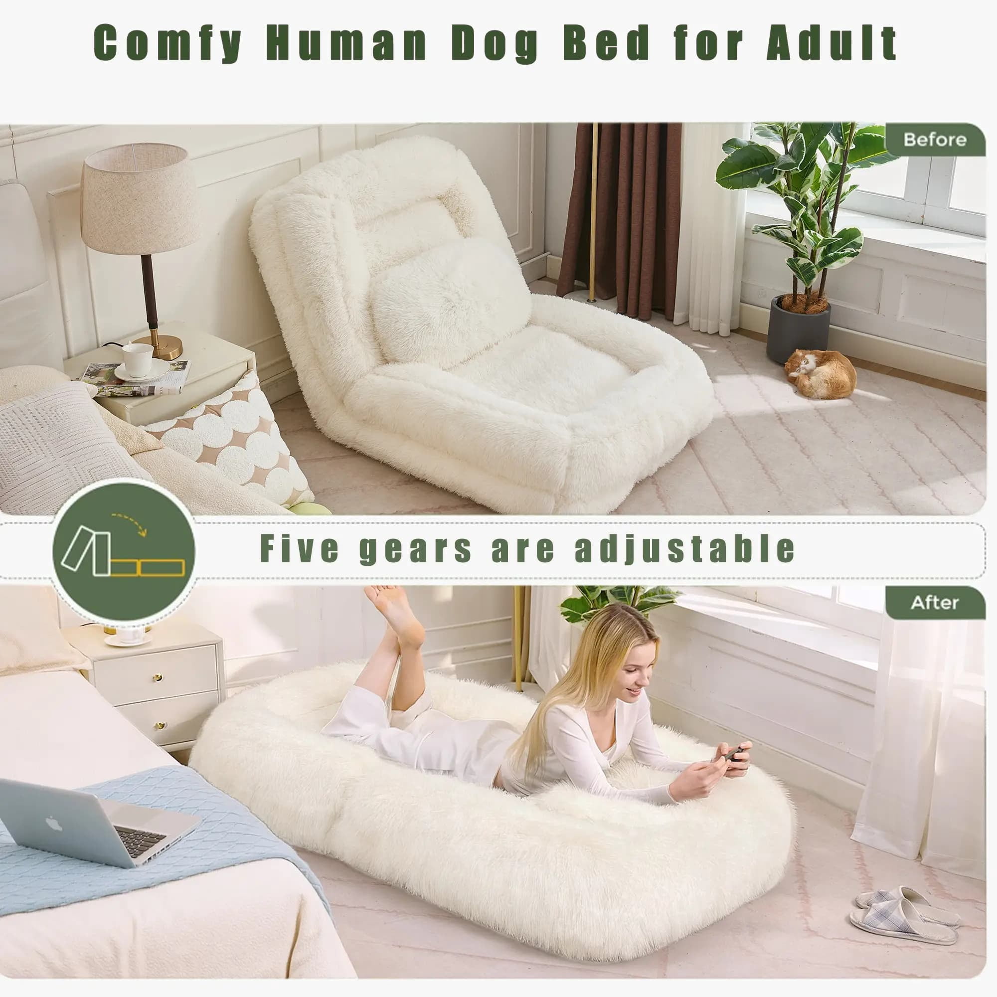 Aukfa Fold Lazy Sofa Bed, Floor Chair Small Couch with 5 Adjustable for Living Room, Plush Fabric,Beige