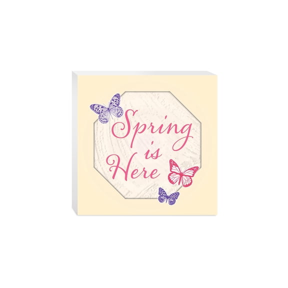 Spring Is Here Purple Red Butterfly 10 x 10 Wood Tabletop Sign Plaque