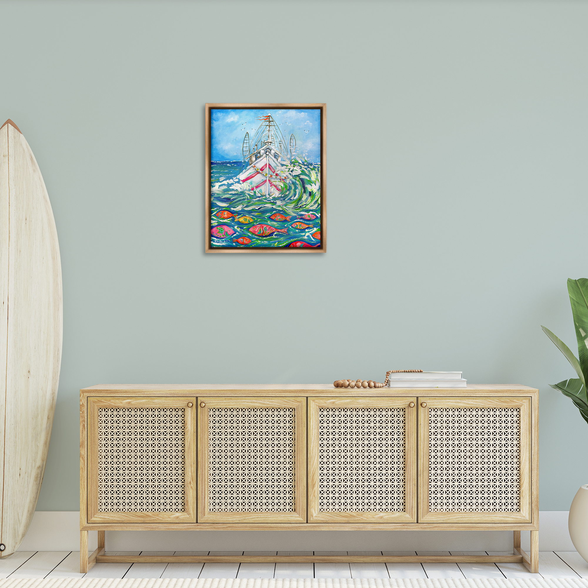 Stupell Industries Boat Net Splashing Transportation Painting Brown Floater Framed Canvas Art Print Wall Art, 25 x 31