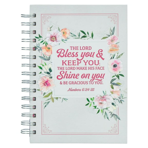 Christian Art Gifts Journal w/Scripture Bless You Num. 6:24-25 Bible Verse Floral Stripes 192 Ruled Pages, Large Hardcover Notebook, Wire Bound
