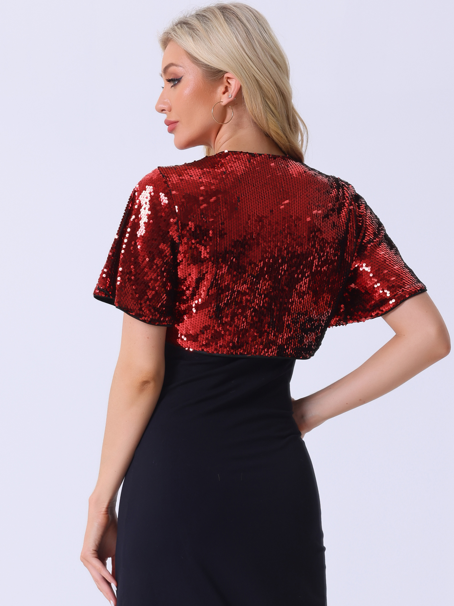 DARING DIVA Flared Sleeve Crop Shrug Bolero Glitter Jackets M Red