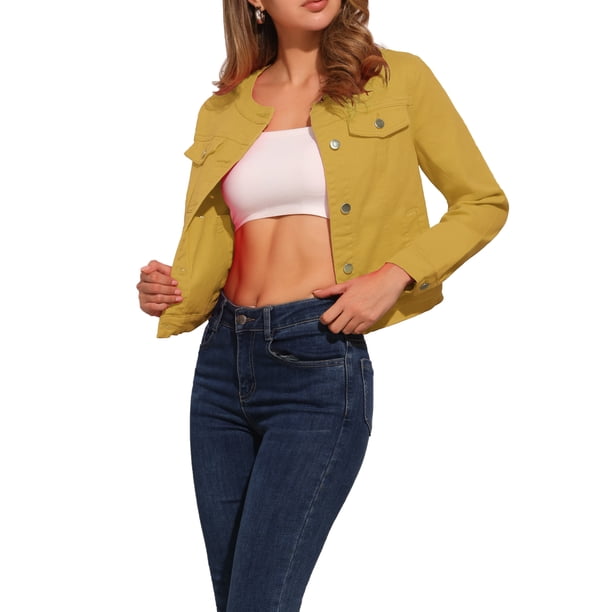 CHAQUETA DE DENIM CORTA SIN CUELLO DE MANGA LARGA PARA MUJERES INSPIRE CHIC XL AMARILLA