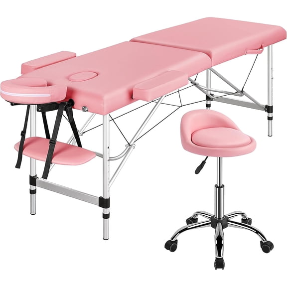 Portable Spa Table with Rolling Stool Set, Massage Bed Chair Pink | Aluminum Frame, Faux Leather Top, Foldable, Height Adjustable for Salon, Lash