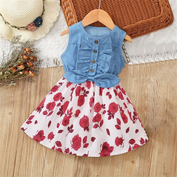 Mercatoo Girls Summer Dress Sleeveless Denim Patchwork Flowers Printed Bow Princess Vest Dress Girls Dress with Ruffles Tutu