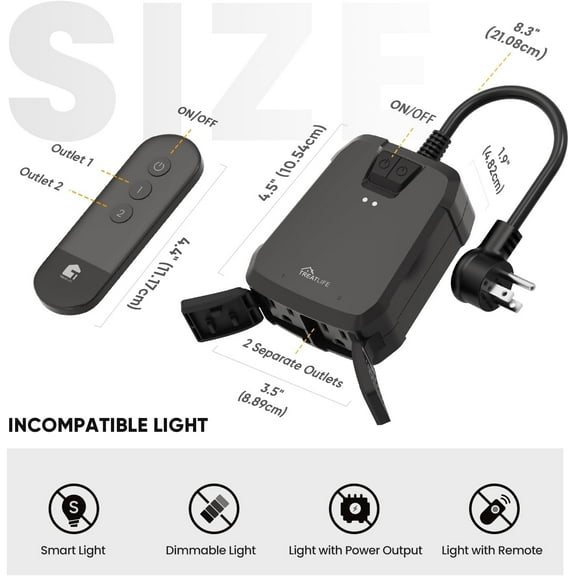 GHRTGR-Outdoor Wireless Remote Control Outlet, 2-in-1 Individual Control Sockets, IP64 Weather-Resistant Electrical Outlet Switch, Heavy Duty 3-Prong Plug, Max Power 1800W, Battery Included