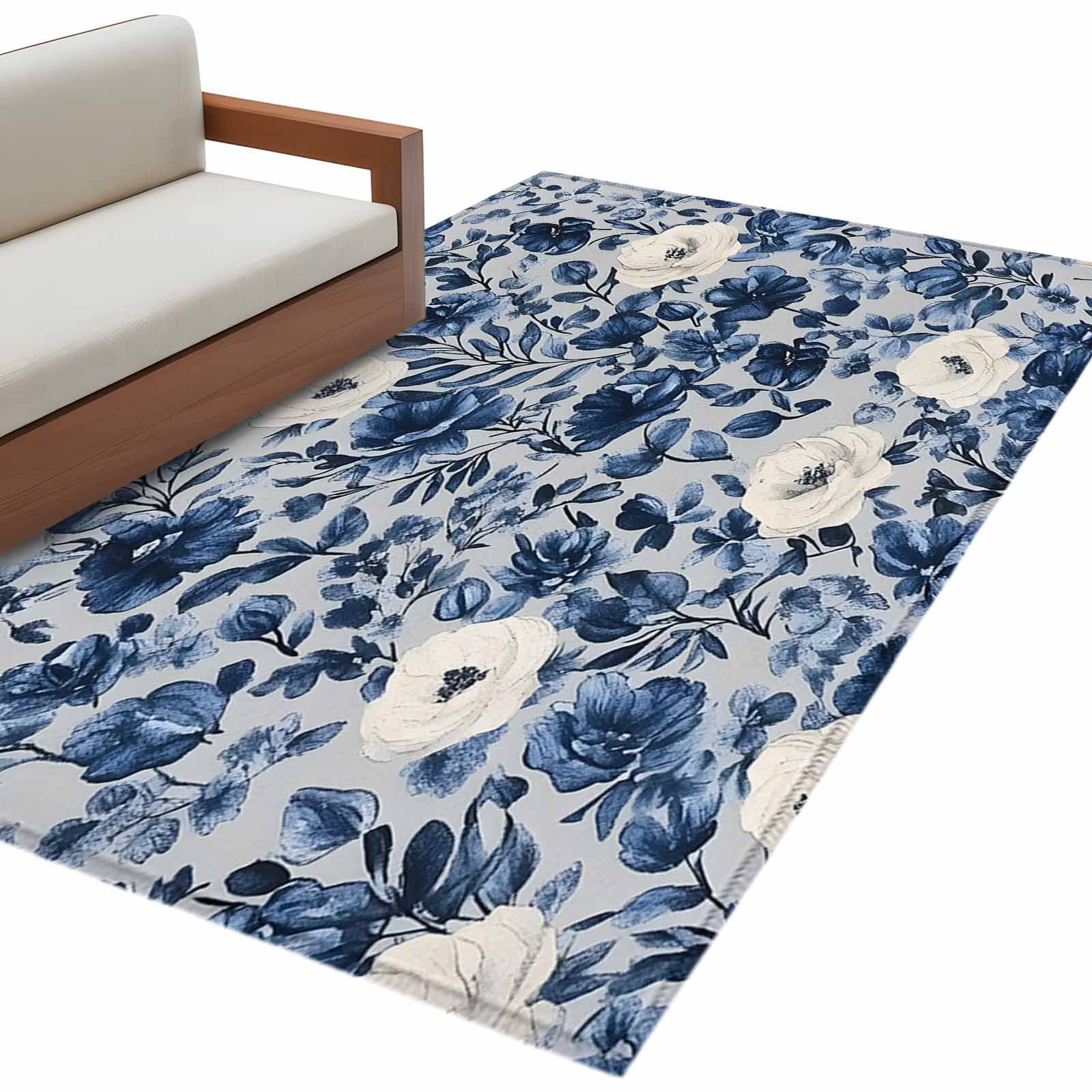 3'x5' Area Rugs, Navy Blue White Peony Indoor Outdoor Area Rug for Living Room Bedroom, Vintage Floral Blossom Washable Bathroom Rugs Kitchen Floor Carpet Mats Home Decor Aesthetic