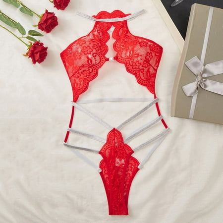uublik Lingerie for Women Valentine s Day One Piece Nightwear Lace Nightgown Bodysuit Chemise Sleepwear Red L