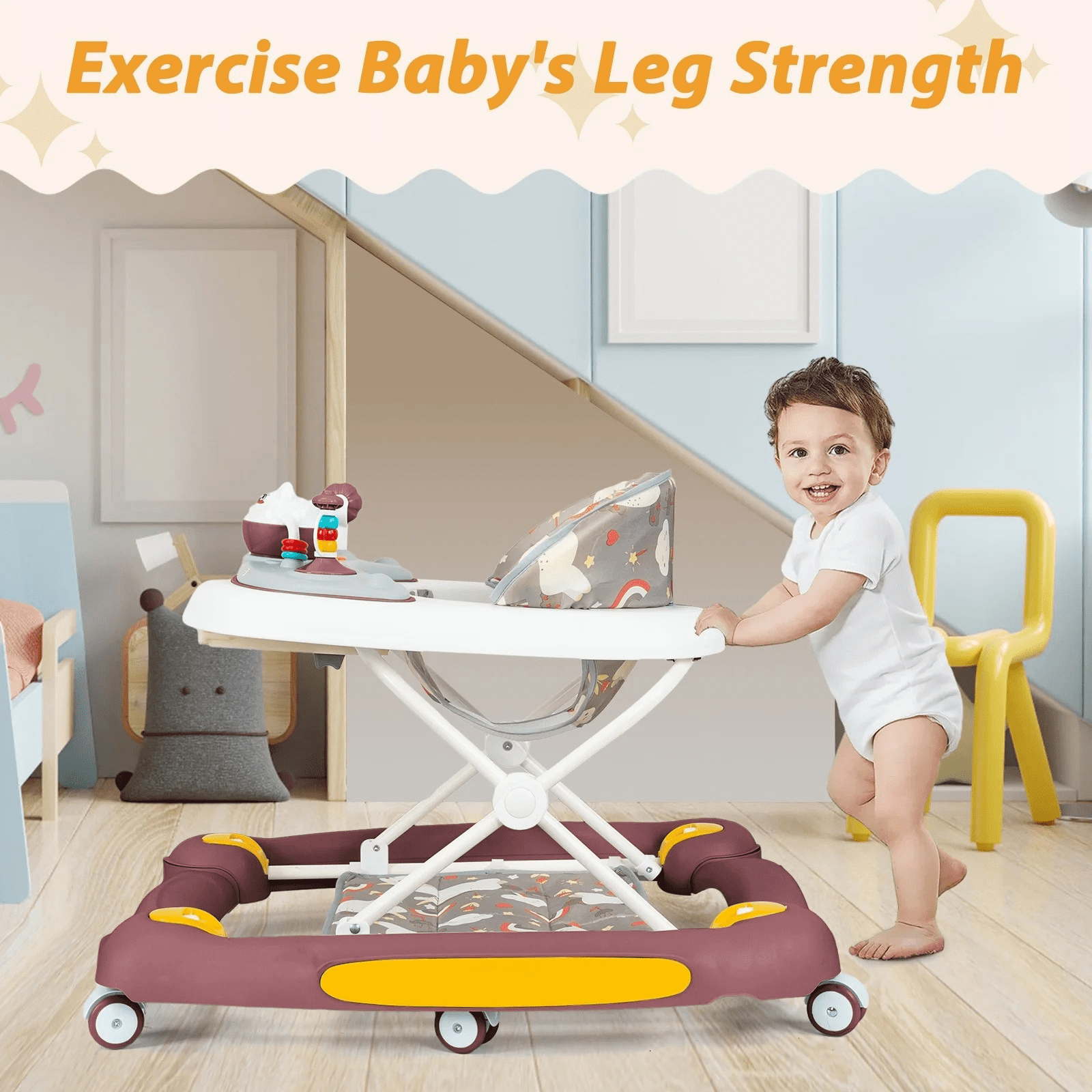 JieC 6-in-1Foldable Push Walker with Musical Activity Station for 6-24 Months for Boys Girls Babies 6-36 Months,Red