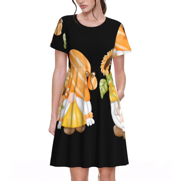 Tebeau Sunflower Gnomes 5 Print Women's Sundress Casual Smocked Elastic Waist Tiered Dresses Short Sleeve Swing Dresses Round Neck Beach Dress -XX-Large