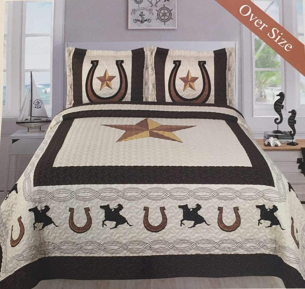 Western HorseShoe Star & Wild Horse Rider Cowboy Tan Star Design Quilt BedSpread 