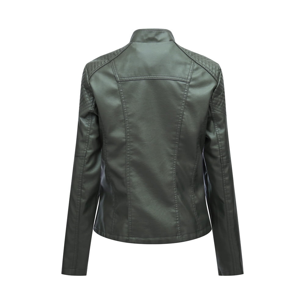 QATAINLAV Women's Faux Leather Moto Jacket Casual Short Solid Color Biker Coat Ladies Zip Up Open Front Lapel Motorcycle Outwear with Pockets, Army Green, L