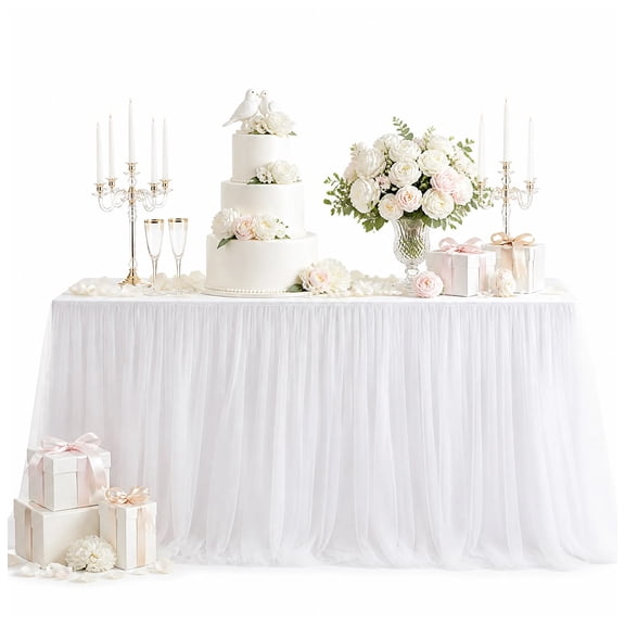 White Tulle Table Skirt Easy Install Rectangular Wedding Table Skirt Decoration for Birthday Party Classroom Office Desk