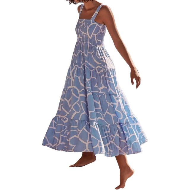 Brewee Women 2024 Summer Floral Print Boho Dress Spaghetti Straps Ruffle A Line Beach Long Maxi Dress