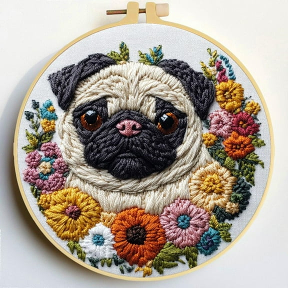 Punch Needle Kits Pug Dog in Flowers Embroidery Starter Set with Hoop Easy for Beginners DIY Stress Relief Handmade Craft Hobby and Home Decor 20x20cm-1