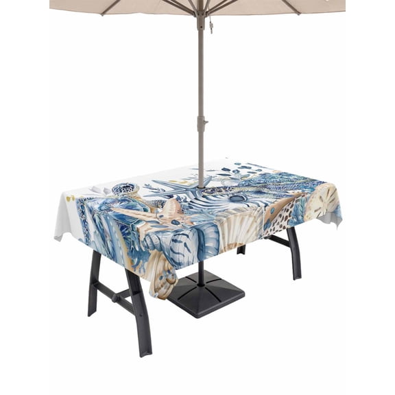 Outdoor Tablecloth with Umbrella Hole for Patio/Picnic/Party, Blue Turtle Coastal Waterproof Table Cloth Rectangle Table Cover Washable, Beach Coral Nautical Starfish Sea Eucalyptus (60"x 120")