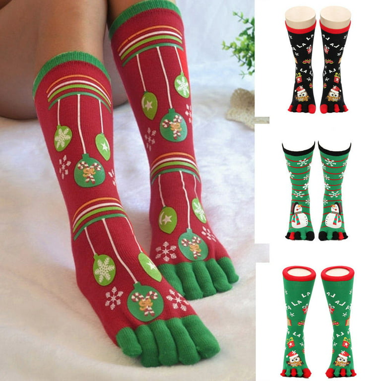 Christmas Toe Socks for Women Novelty Knee Highs Cotton 5 Toes
