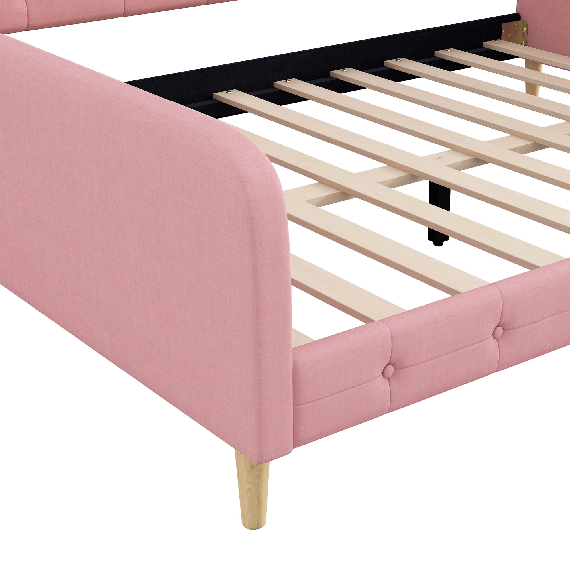 Queen Size Upholstered Daybed,Modern Linen Fabric Tufted Sofa Bed with 4 Support Wood Legs,Pink