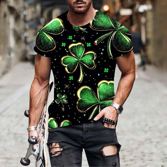 Blczomt Big & Tall Shirt Men Green St Patricks Day Casual Irish T Shirt Shamrock Summer Clover Graphic Classic Men's Tops