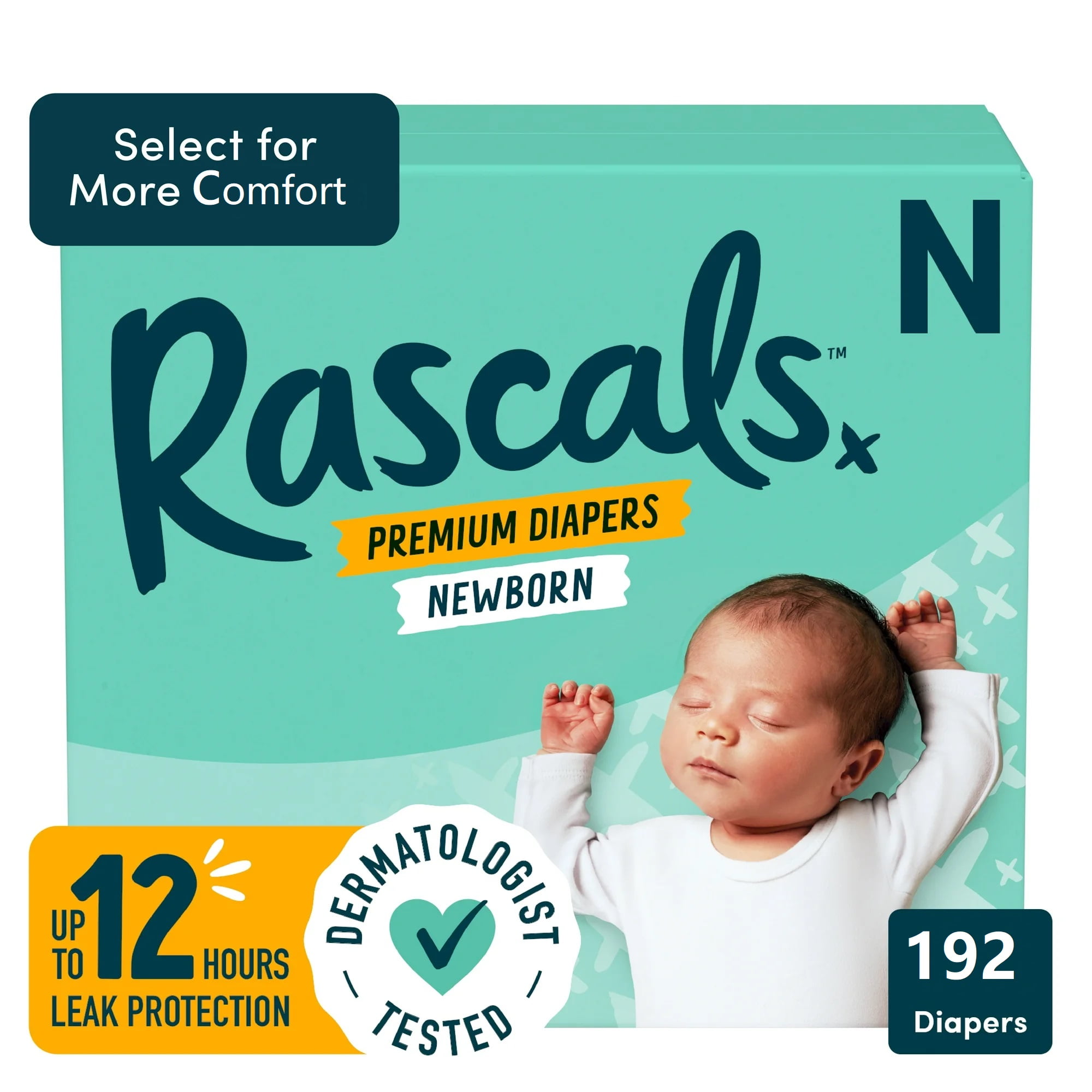 Rascals Premium Newborn Absorbent Baby Diapers Newborn, 192 Count (Select for More Comfort)