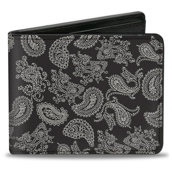 Buckle-Down Wallet, Bifold, Paisley Black White, Vegan Leather