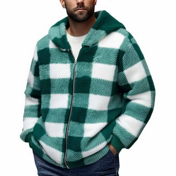 Men's Plaid Winter Coat Hooded Long Sleeve Zip Up Fleece Lined Cardigan Outerwear with Pockets Green 3XL