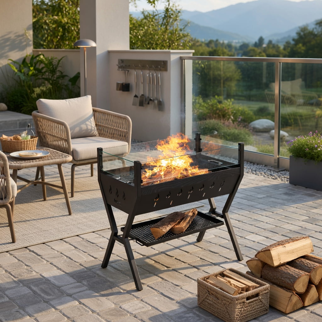 Resenkos Outdoor Patio Barbecue Cooker, Outdoor Grills,Barbecue Charcoal Grills with Wind Guard Seasoning Racks-Black