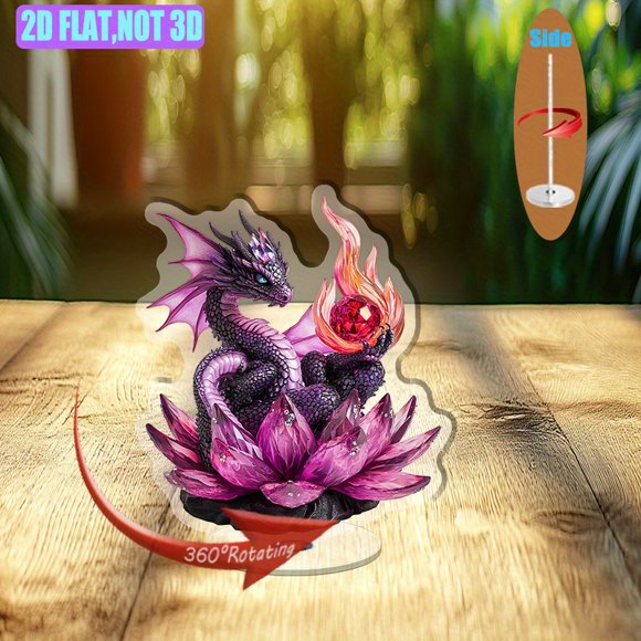 Présentoir Acrylique Rotatif avec un dragon de Cristal Violet sur un lotus de Cristal Rose Tenant une Boule de Feu de Cristal Rouge Ardent, Mettant en Valeur des Détails Exquis et des Couleurs Vibrantes