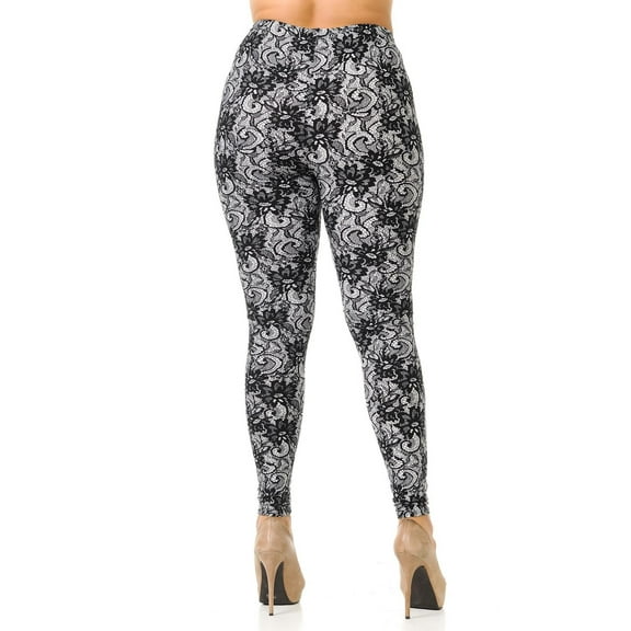 Buttery Soft Sassy Lace Print Plus Size Leggings (One Size Plus,Charcoal)