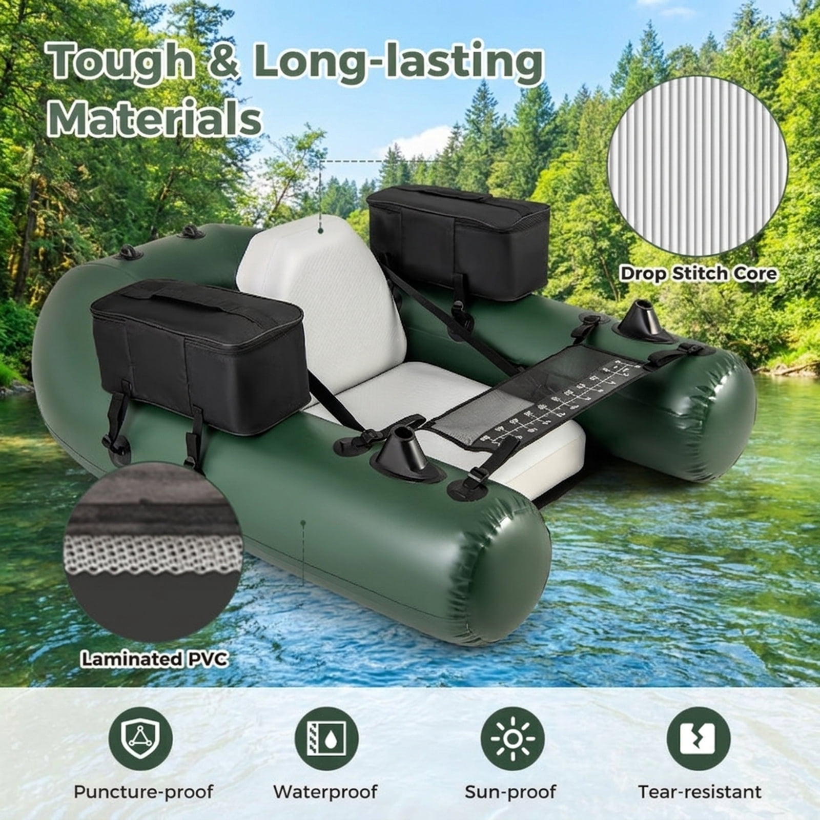 Airfind Inflatable Float Tube for Fly Fishing with Storage Pockets and Included Pump and Repair Kit for Lake and River Angling, Camouflage