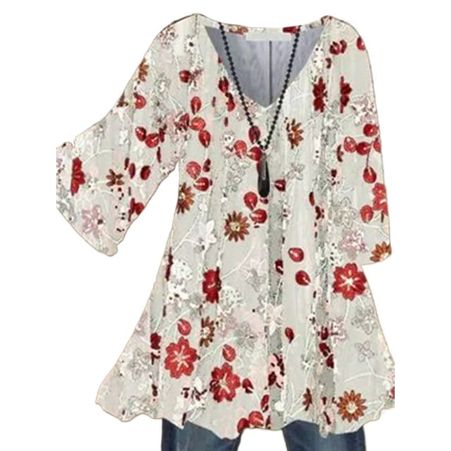 MAWCLOS Women Blouse V Neck Tops Ruched Tunic Shirt Elegant Beach Floral Print Pullover #1 3XL
