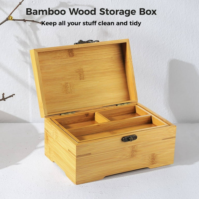 Large Wooden Box with Hinged Lid, Bamboo Wood Storage Box with 2 Compartments, Natural Wood Organizer for Photos, Jewelry Home Office Decor, 7 x 5 x 4