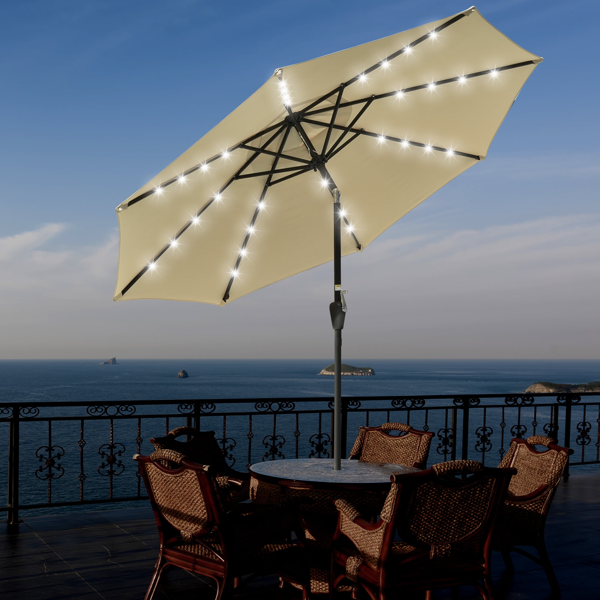 Yescom 9' Aluminium Crank Tilt Patio Umbrella w/ Solar Powered 32 LED Lights