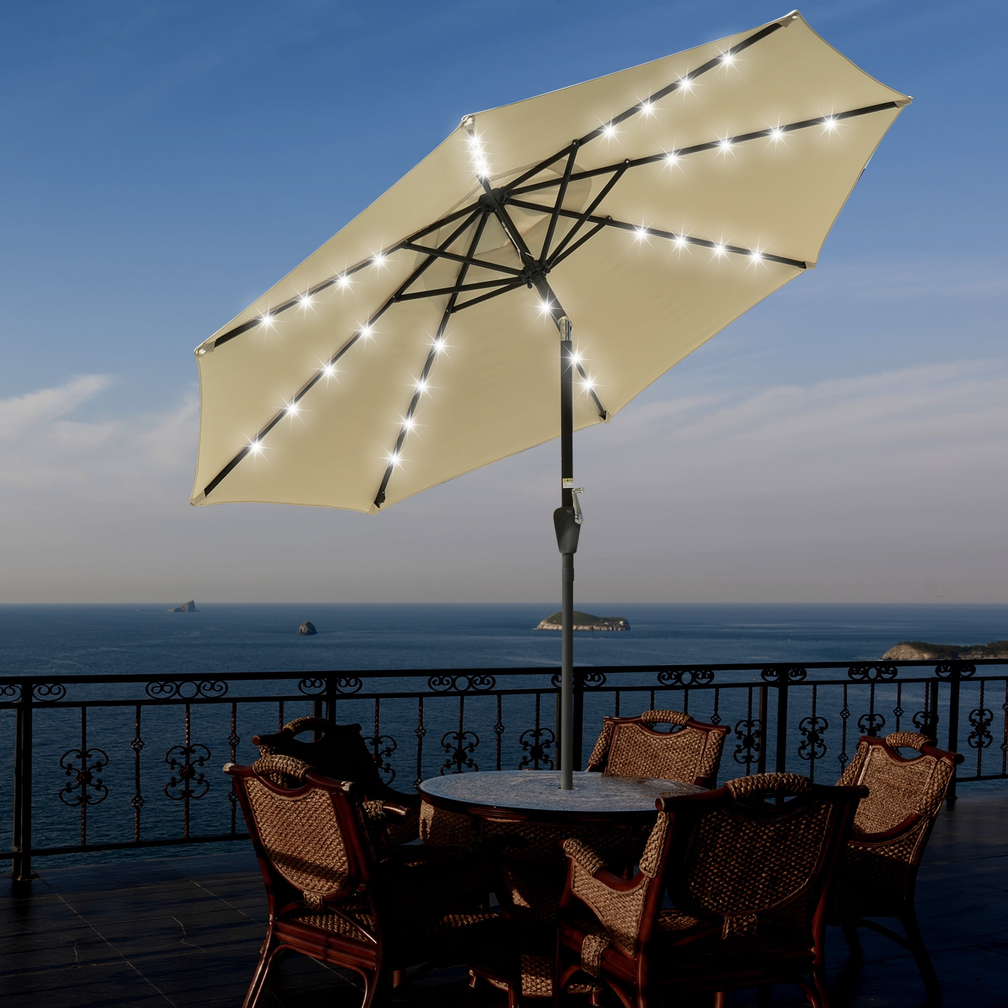 LAGarden 9' Outdoor Solar Powered LED Umbrella 8 Rib 32 Light Patio Garden  Market Umbrella with Tilt Crank UV30+ Beige - Walmart.com
