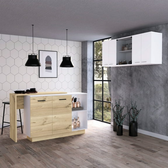 Versatile Kitchen Island And Wall Cabinet - White & Oak For Daily Life With Extra Storage Facilities