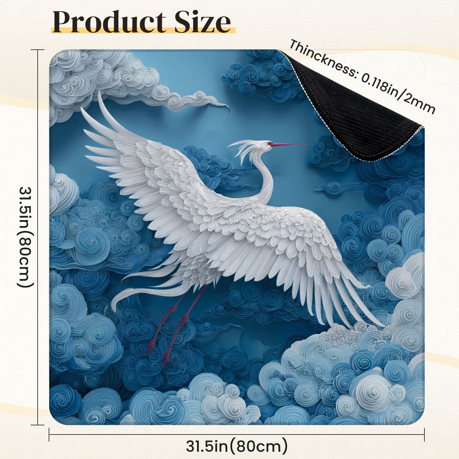 Chinoiserie Mahjong Mat 31.5" x 31.5" Majestic Crane Amidst Serene Clouds Blue Sky Non-Slip Noise Reduction Mahjong Tiles Table Cover for Dominoes Poker Card Board and Tile Games