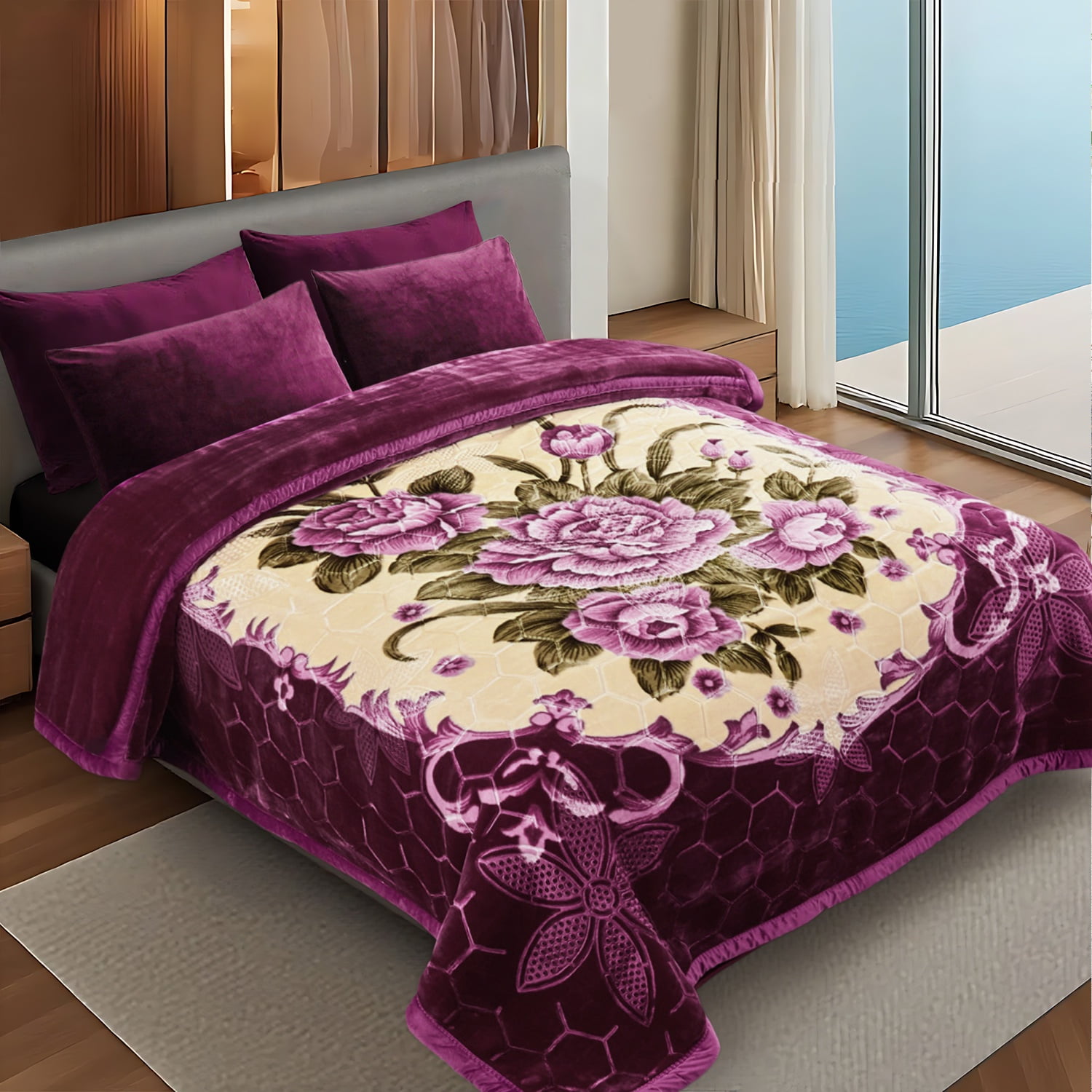 10lbs Heavy Thick A&B Pattern Blanket 2Ply Reversible - Thick Warm Plush Korean Style Bed Blanket, King Size Fleece Plush Blanket, Soft Winter Blanket For Adult 87" x 95", Purple Flower