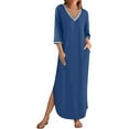 thumbnail image 2 of Liquidation d'Hiver! Robe d'Été pour Femmes, Robes pour Femmes Manches 3/4 Col en V Ample Fluide Fendue Longue Robe Maxi avec Poches Bleu TTG, 2 of 9